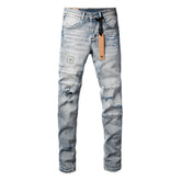 Purple Jeans Edgy Streetwear Men’s Light Blue Ripped Skinny Jeans with Futuristic Symbol Graphic Patches and Heavy Distressing 3048