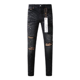 Purple Jeans - Distressed Black Denim with Knee Slit and Ripped Hole 9045