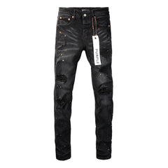 Purple Jeans - Distressed Black Denim with Knee Slit and Ripped Hole 9045