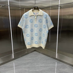Casablanca Monogram Tile Knit Polo Shirt - Light Blue / Cream
