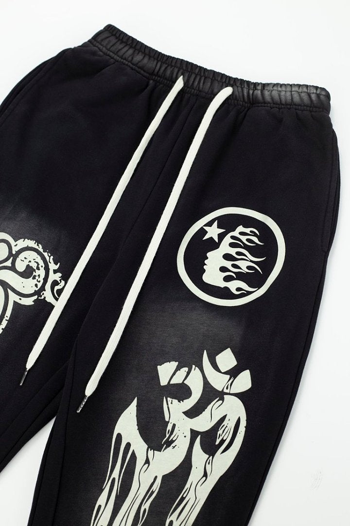 Black Gothic Embroidery Loose‑Fit Flare Casual Sweatpants