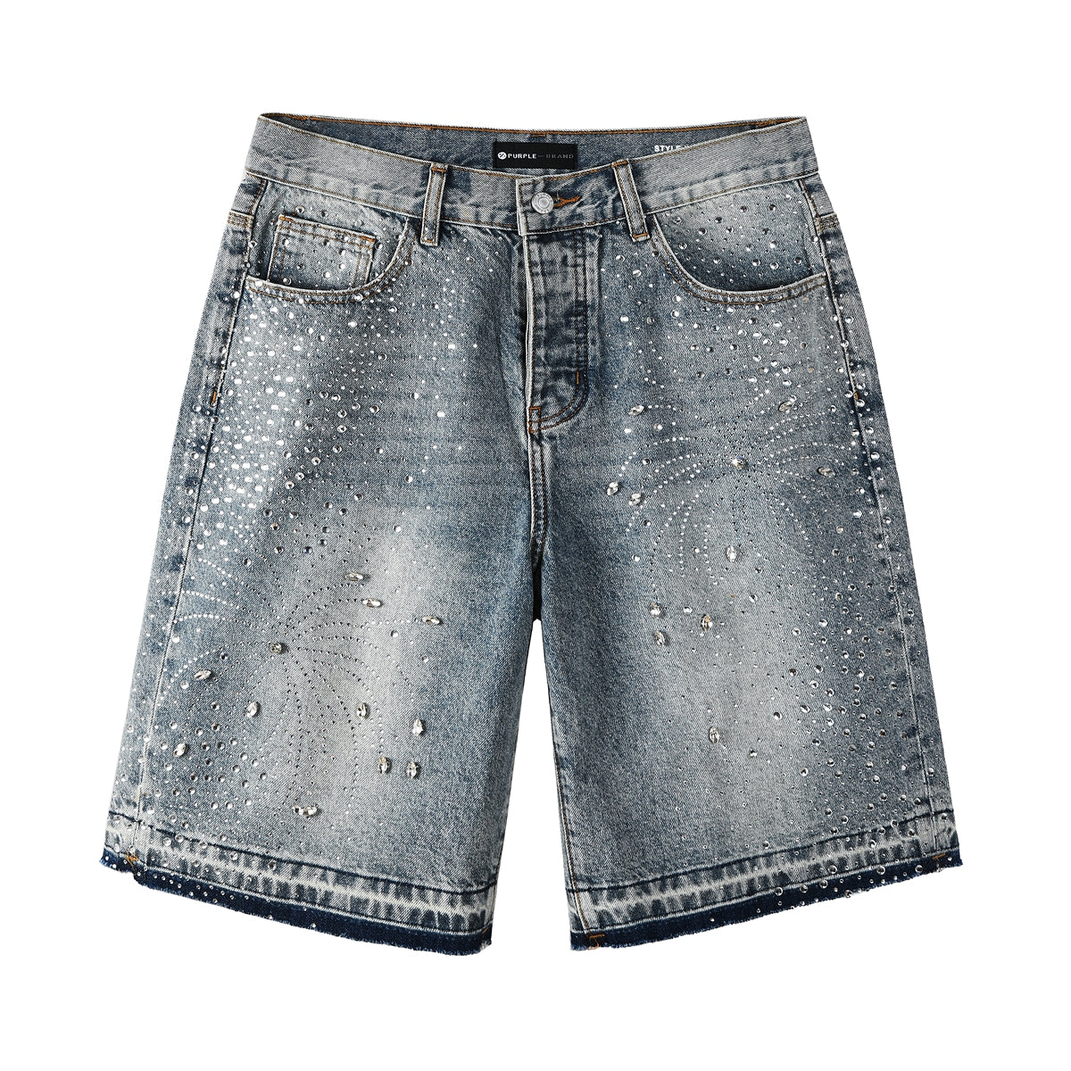 Purple Jeans Luxury Hip Hop Denim Shorts with Glittering Rhinestone Embellishments and Vintage Washed Look 5102