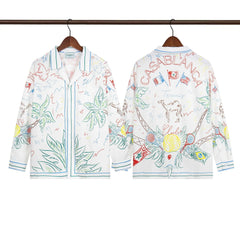 Casablanca Sketch Palm & Crest Silk-Style Shirt - White