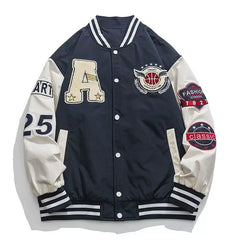 Navy Blue Patched Color‑Block Varsity Jacket