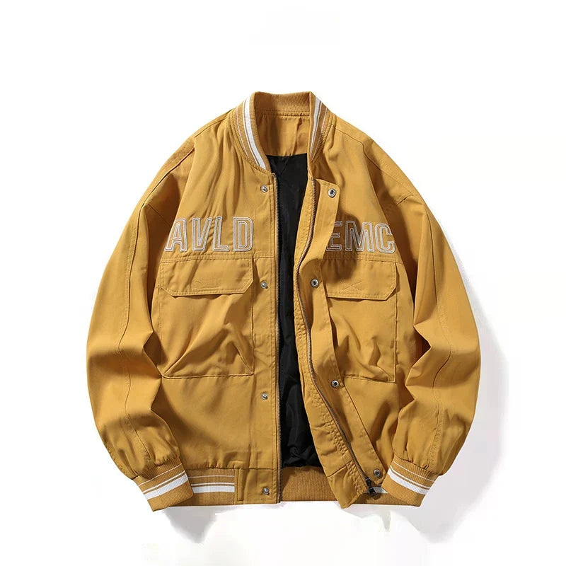 Yellow Multi‑Pocket Embroidered Varsity Jacket