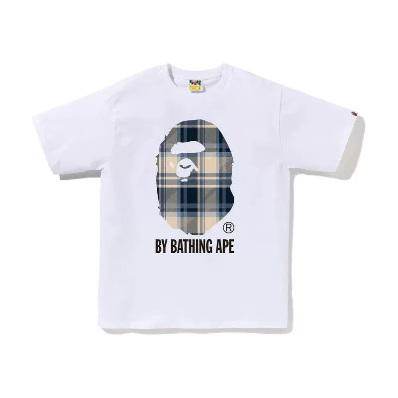 BAPE Style Tartan Plaid Big Ape Head Short-Sleeve Tee - White/Blue