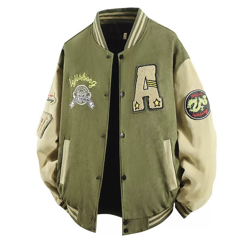 Olive Green Patched Varsity Baseball Jacket