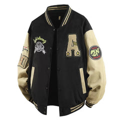 Black Multi‑Patch Embroidered Varsity Jacket