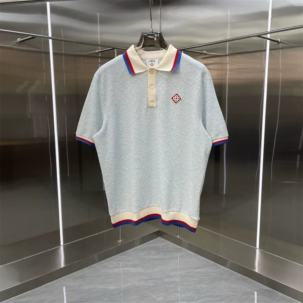 Casablanca Contrast Collar Knit Polo Shirt - Light Blue / Cream