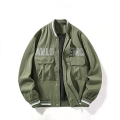 Olive Green Multi‑Pocket Embroidered Varsity Jacket