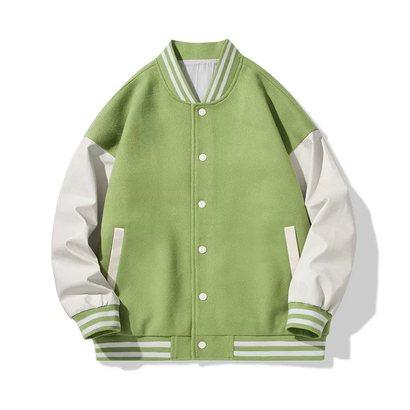 Light Green Color‑Block Varsity Jacket