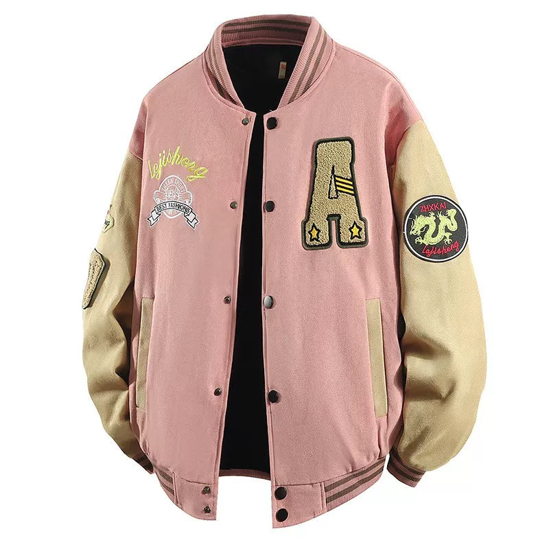 Pink Multi‑Patch Embroidered Varsity Jacket