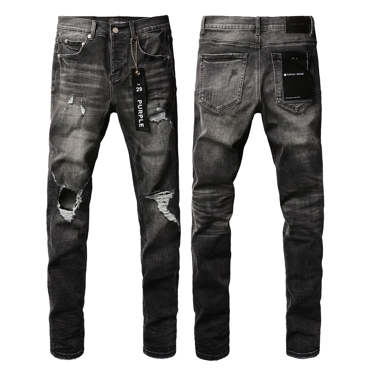 Purple Black Distressed Jeans 9079 Long Pants with Stylish Rips and Tears